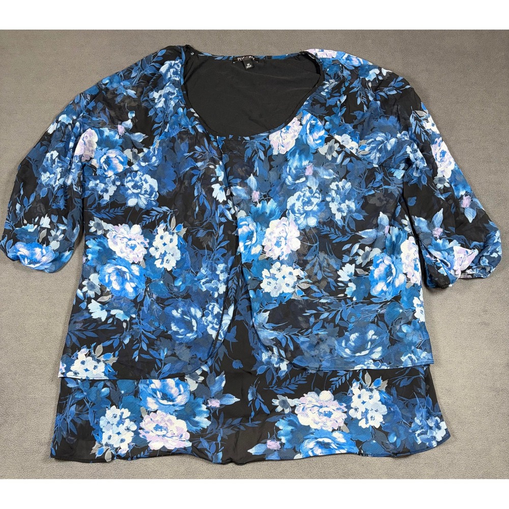 Roz & Ali Blouse Womens 3X Blue Floral Sheer Overlay Layered 3/4 Sleeve DB21408